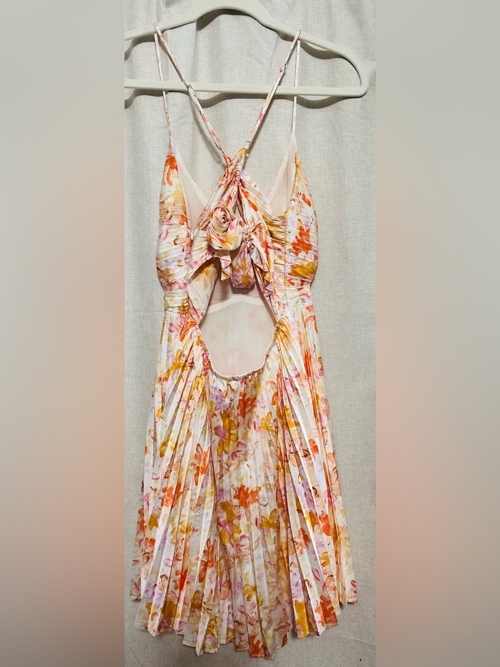 Astr Floral Pleated Spaghetti-Strap Mini Dress in Cream, Orange & Pink - Picture 6 of 6